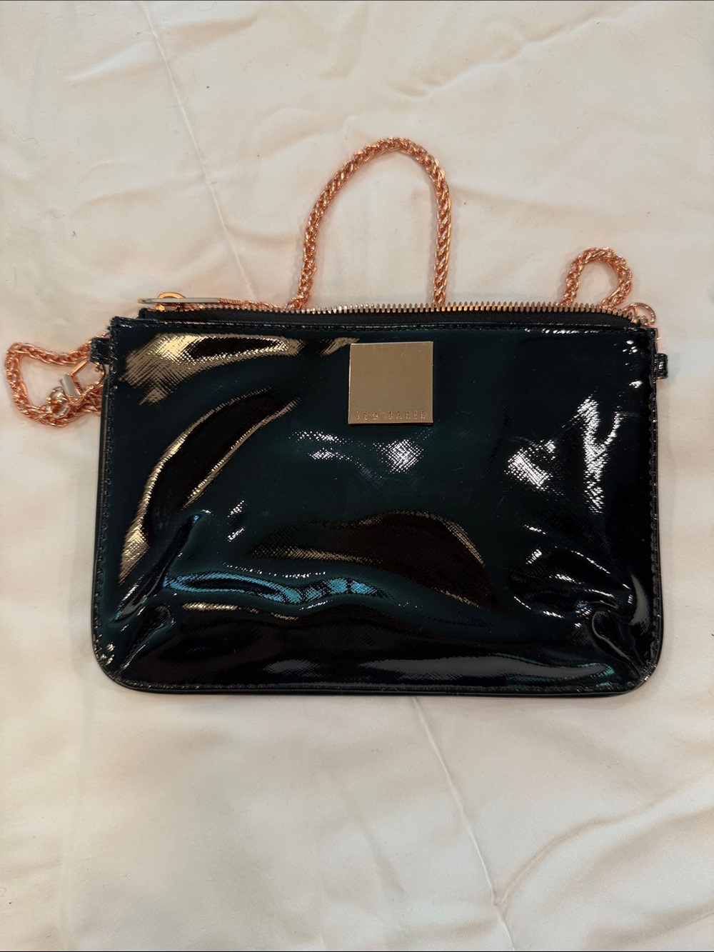 Ted Baker Black Patent Wristlet with Rose Gold Chain Strap